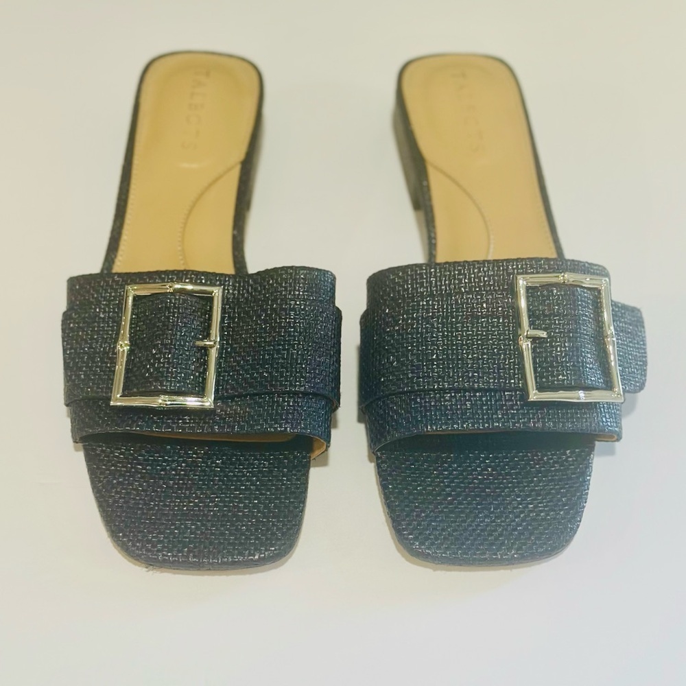 Talbots Viv Shimmer Raffia Slide Sandals; black with silver buckle; Women size 8